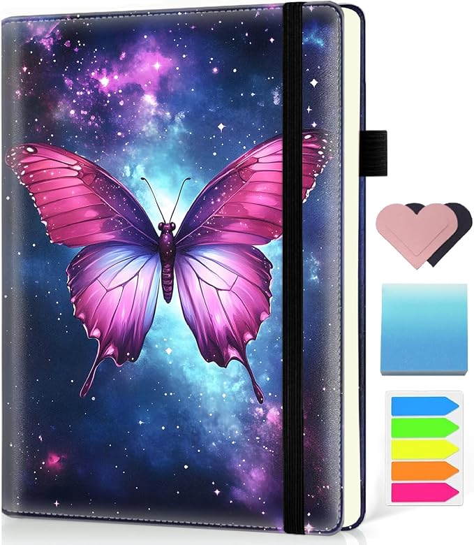 Hardcover Executive Notebooks, A5 PU Leather Lined Journal Notebook, 200 Pages Thick Paper Subject Notebooks for School,Work,Home Writing Business Notebook, Diary Book ，Starry Sky Butterfly
