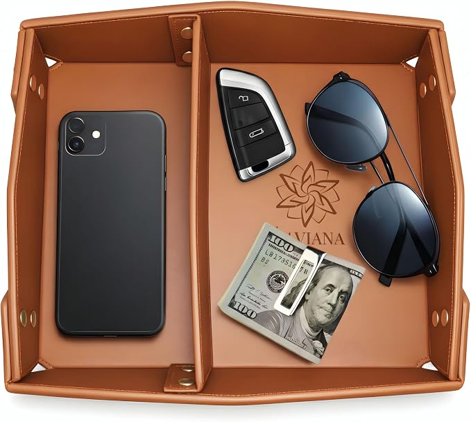 Valet Tray Organizer for Men & Women - PU Leather Catch All Tray with Removable Divider - EDC Storage for Keys, Watch, Phone - Nightstand, Dresser & Desk Organizer - Saddle Tan