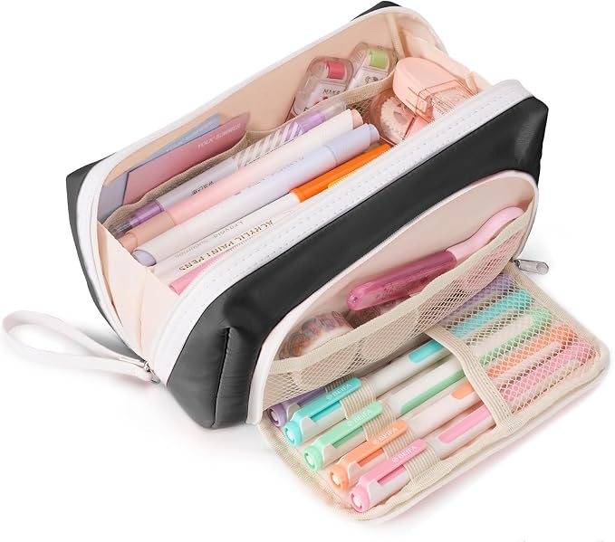 Sooez Big Capacity Pencil Case, Extra Large Pencil Pouch with Zipper Pocket | Wide Opening Pencil Bag, Portable Stationery Pouch, Cute School Office Supplies for Teens Girls Adults, Black