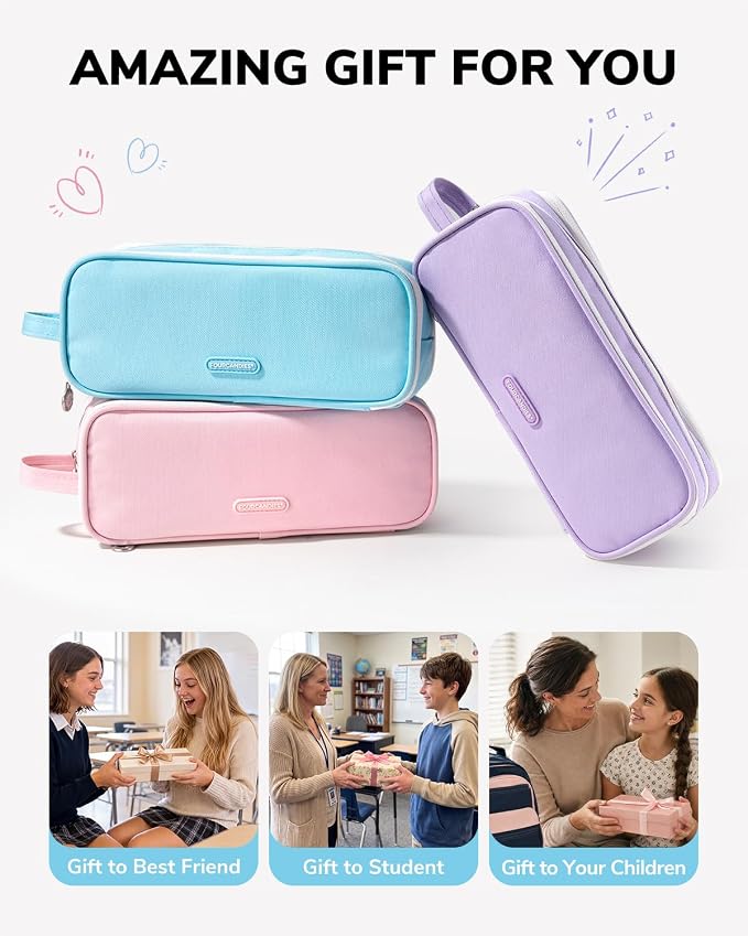Four Candies Large Pencil Case, 3 Compartment Organizer Pouch | Large Pen Bag for Stationery & Office Multi-Purpose Organizer Makeup Bag Travel Bag with Handle (Blue)
