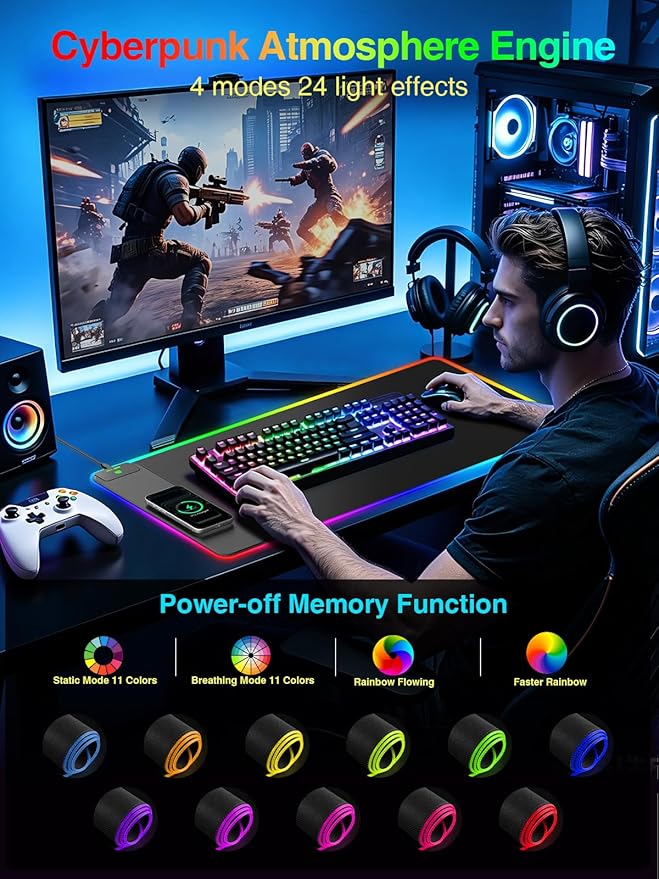 Wireless Charging Mouse Pad Gaming, 31.5"x15.8" Large Desk Mat, Waterproof | RGB Mousepad, Smooth Glide, Stitched Edge, Non-Slip Rubber Base, Desk Pad Computer Keyboard Mat, No Adapter