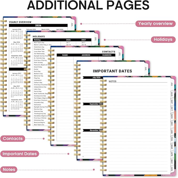 Planner 2026-2027, Academic Year Monthly and Weekly Calendar Planner, Jul 2026 - Jun 2027, Hardcover Teacher Student Planning Agenda book with Tabs, Perfect for School Office Supplies, 6.3" x 8.5" - Vivid Garden