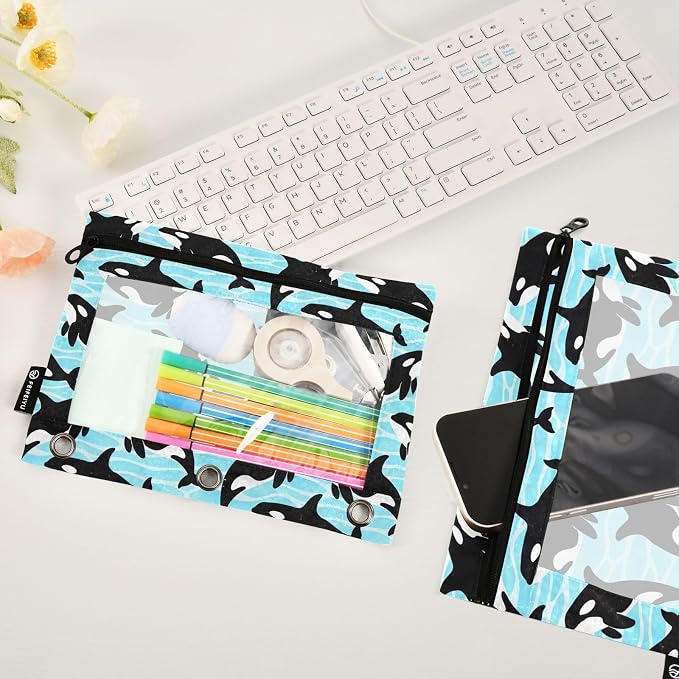Orca Killer Whale Pencil Pouches for 3 Ring Binder, Zipper Binder Pencil Case, 2 Pack Clear Window Case Bag for Office Organizers