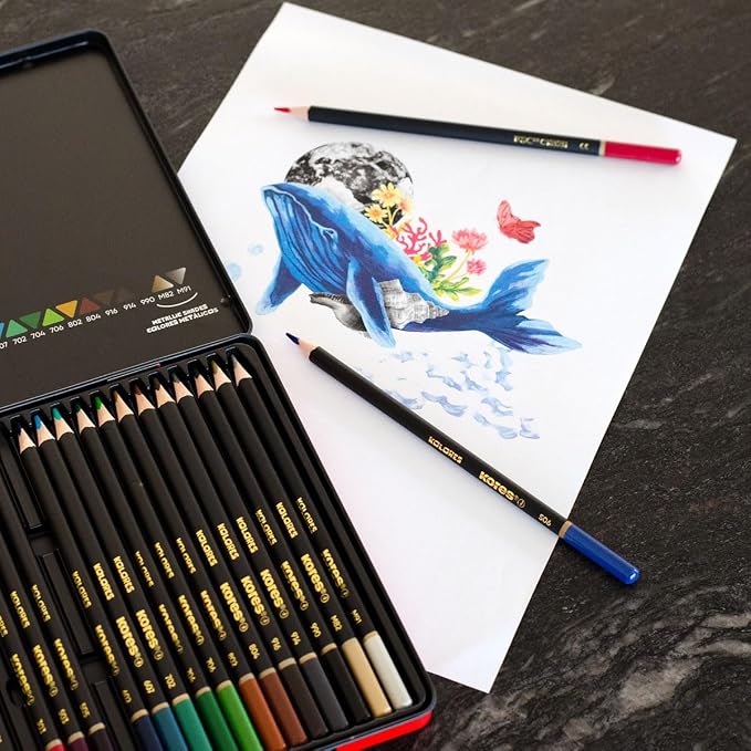 Kores - Kolores Selection: 24 Coloured Pencils for Adults & Artists, FSC wood with Soft Lead, Triangular Shape, Premium Arts and Hobby Supplies, Set of 24 Assorted Colours in metal case