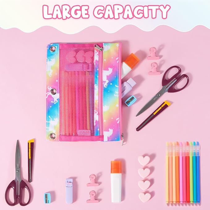 WAWSAM Unicorn Pencil Pouch for 3 Ring Binder, Zipper Pencil Pouch for Girl | 2 Pocket Clear Window Pencil Case, 3 Ring Pencil Pouch for School Supplies, Pencil Bags for Office College