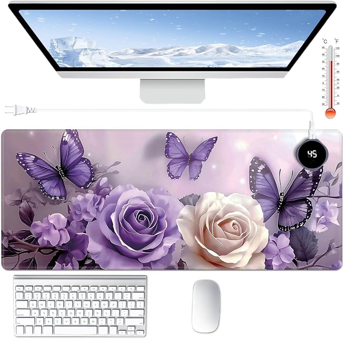 Heated Desk Pad Large Mouse Pad 31.5 x 13 inch with 3 Levels Heating & Auto Shut-Off Warm Mouse pad PU Leather Computer Mousepad for Home Office Work - Purple Roses and Butterflies