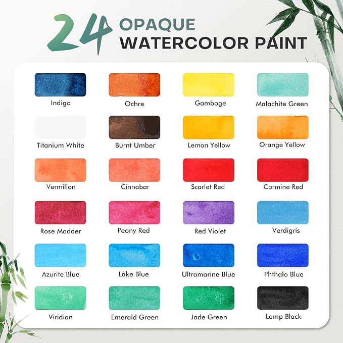 Fuumuui 24 Opaque Semi-Solid Watercolor Paint Set, Vivid Bright Professional Art Supplies with Strong Pigments & Coverage, for Artists Beginner Painters Amateur Hobbyists Painting