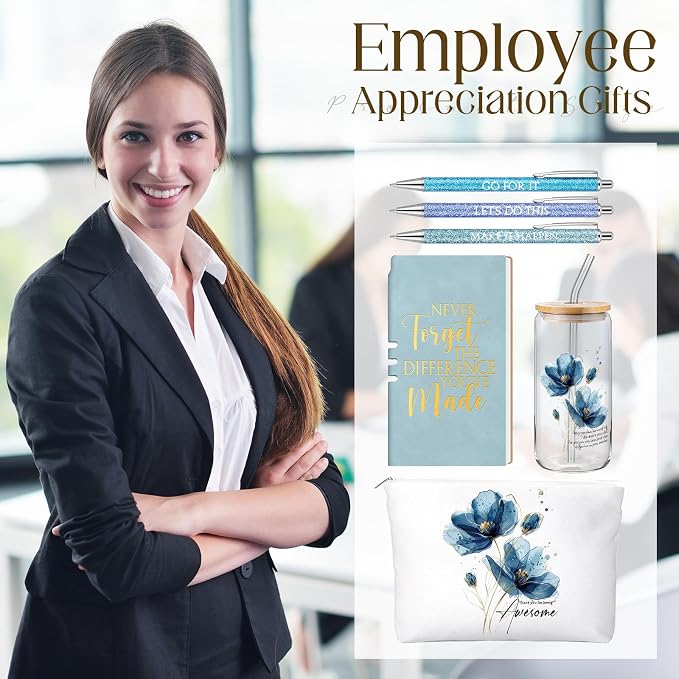 Funnymoom 6 Pcs Appreciation Gifts Set for Women Back to School Teacher Gifts Employee Thank You Gift with 17 oz Glass Tumbler Journal Pens and Pouch for Coworkers Educators(Floral,Blue)