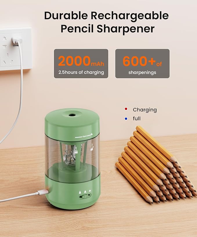 Electric Pencil Sharpener for Classroom, Fully Automatic Pencil Sharpener for 6-8mm Pencils & Colored Pencils, Auto in & Out, Type-C Rechargeable Pencil Sharpeners for Home, School, Green