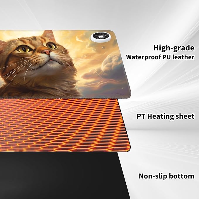 Warm Desk Pad,Heated Desk Pad,Office Mat,3 Heating Levels & 3 Hours Auto Shut-Off,31.5"*13" Gaming Mouse Laptop Keyboard Leather Desk Mat,Orange Cat Sky