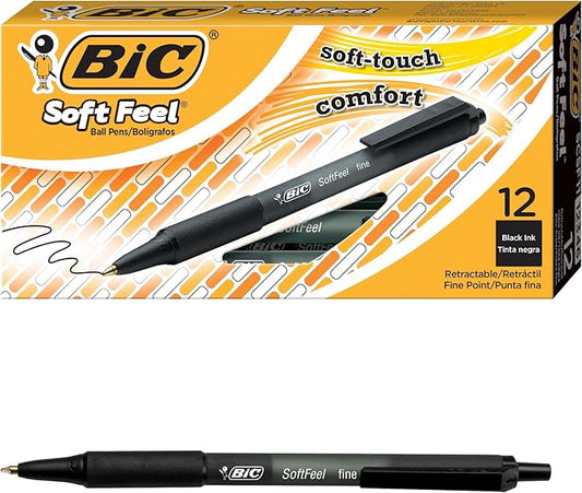 BIC Soft Feel Black Retractable Ballpoint Pens, Medium Point (1.0mm), 12-Count Pack, Black Pens with Soft-Touch Comfort Grip