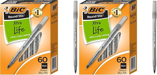 BIC Round Stic Xtra Life Ballpoint Pens, Medium Point (1.0mm), Black, 60-Count Pack, Flexible Round Barrel For Writing Comfort (GSM609-BLK) 60 Count (Pack of 2)