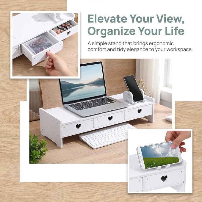 Tofficu Computer Monitor Riser with Drawer White Desk Shelf for Monitor and Keyboard Storage Rack Office Desk Organizer for Laptop Stand Riser for Home Office