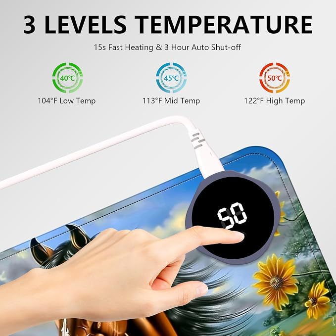 Heated Mouse Pad with 3 Levels Heated & 3 Hours Auto Shut-Off Mouse Pad for Warming Hands in Office Home, 23.6" x 14.2"Large Safe Desk Mat Hand Warmer，Fine Horse