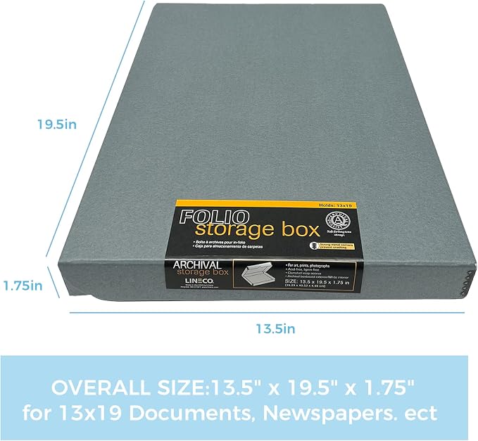 Lineco Clamshell Archival Storage Box, 13.5x19.5x1.75 Inch, Gray | Acid-Free with Metal Edge Boxboard, Organize and Store Photos Documents Cards Negatives Magazine Prints Family Records DIY