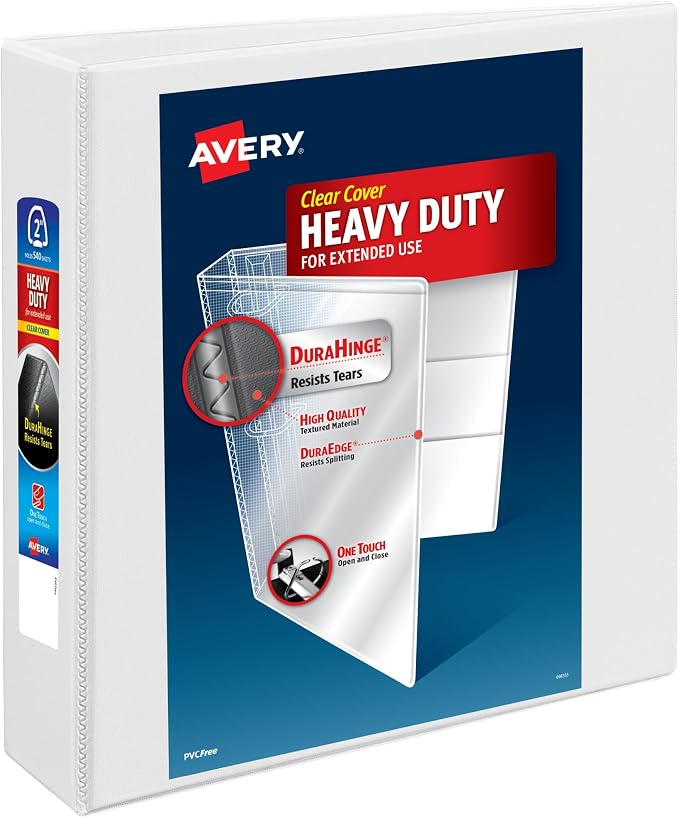 Avery Heavy-Duty View 3 Ring Binder, 2" One Touch EZD Rings, 540-Sheet Capacity, 2.8 Inch Wide Spine, Great for Home, School Supplies, Office, or Organization Needs, 1 White Binder (79192)