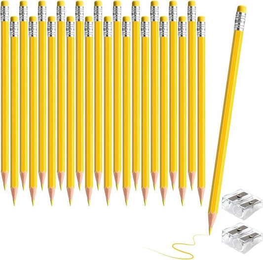 24PCS Erasable Colored Pencils with Eraser Pre Sharpened Pencil 2 HB - Ideal for Checking, Grading, Tests & Office/School Supplies (Yellow)