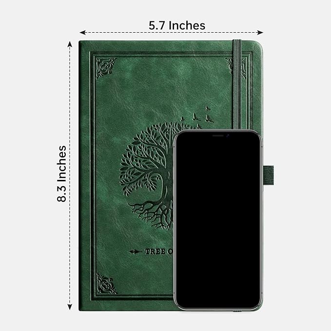 AHGXG Dotted Journal Notebook, 192 Pages, A5 Medium Size (5.7'' x 8.3'') | Leather Hardcover, 100 GSM Thick Paper, for Journaling, Planning, Tracking (Dark green)