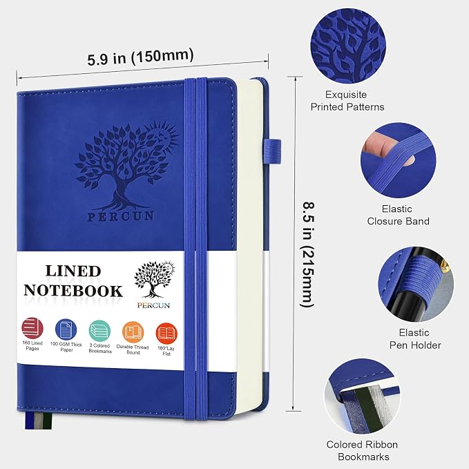 PERCUN A5 Leather Notebook Journal, 160 Lined Pages, 5.9" x 8.5" Nary | Leather Journal for Men Women, Hardcover Notebooks for work, school, business, travel diary, Note taking & Daily Journaling