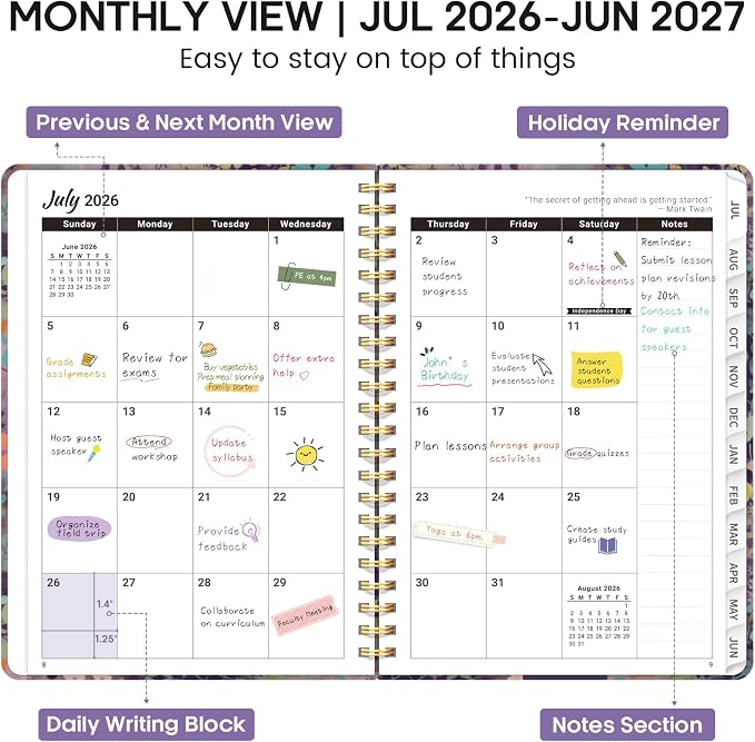 Academic Planner 2026-2027, Weekly and Monthly Calendar Book, July 2026 – June 2027, Hardcover Planner with Tabs, Perfect for Teachers, Students, Women & Men, A5 (6.4" x 8.5") - Lavendar Floral