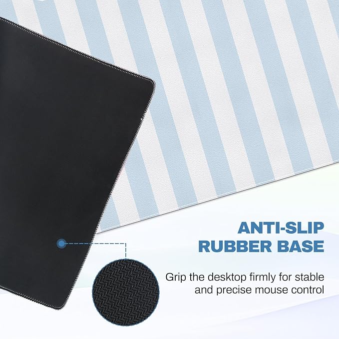 Blue Striped Desk Mat Cute PU Leather XXL Large Gaming Mouse Pad Desk Pad Cozy Aesthetic Keyboard Matt Laptop Computer Mat Home Office Decor 35.4" X 15.7"