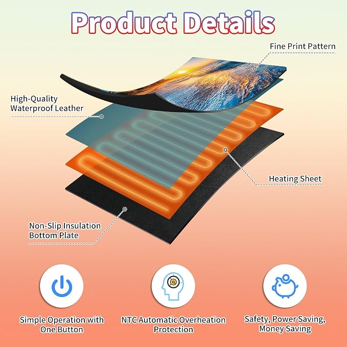 Heated Desk Pad Large Mouse Pad 23.6 x 14.1 inch with 3 Levels Heating & Auto Shut-Off Warm Mouse pad PU Leather Computer Mousepad for Home Office Work - Sunrise Beach