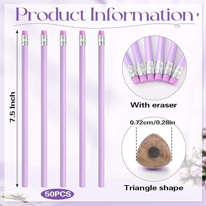 Tinlade 50 Pcs Purple Triangular Grip Pencils Wood Wedding Pencils HB Graphite Pencil Pack Eraser for Baby Shower Drawing Sketching Bridal Shower Office Supplies
