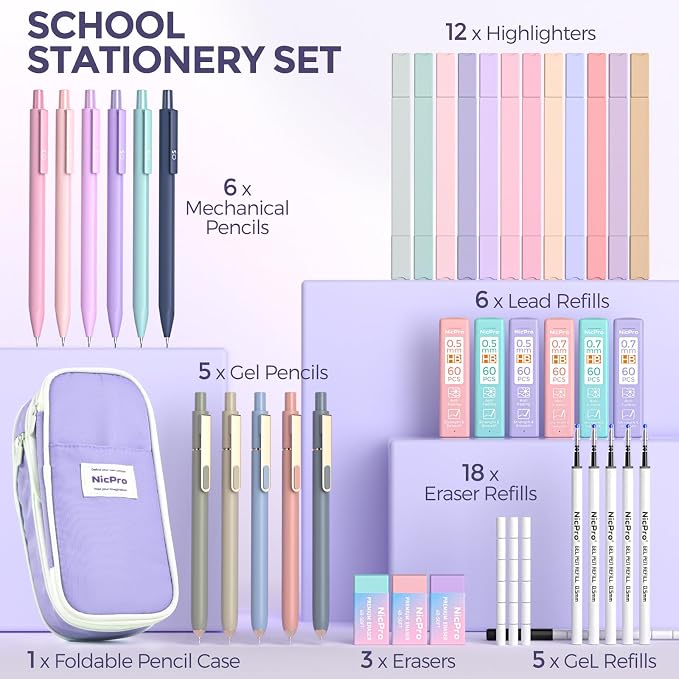 Nicpro School Supplies Stationary Set with Pencil Case, 39 PCS Purple | Back to Schoo Supplies, Pen Case with 12 Highlighter, 5 Gel Pen, 6 Mechanical Pencil, Essentials for College, Nursing Student