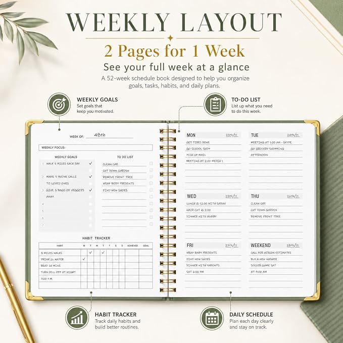 KAICN Undated Weekly Planner with To-Do List & Habit Tracker, 6" x 8" | 52-Week, 2-Page Weekly Spreads, No-Bleed Paper, Smooth Writing, Inner Pocket, Metal Corner Protector, Elastic Closure