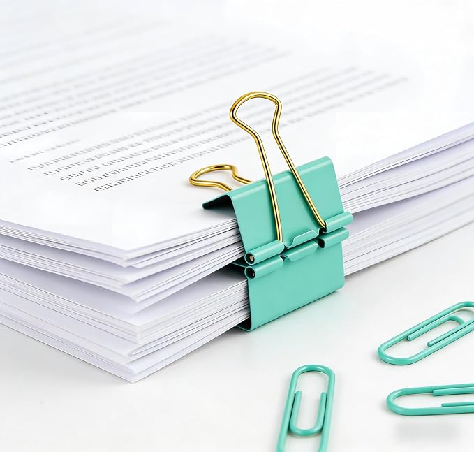 Cute Girly Office Supplies Set - Green & Colored Paper Clips + Binder Clips Assorted Sizes, Metal Paperclips & Cute Binder Clips for Home School Office