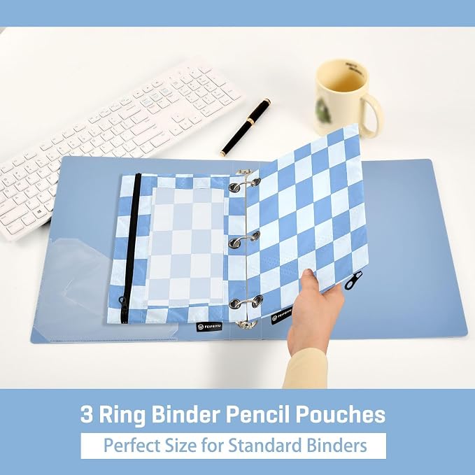 Blue Checkered White Buffalo Plaid Pencil Pouch for 3 Ring Binder 2 Pack Zipper Binder Pencil Bag Case with Clear Window Office Supplies
