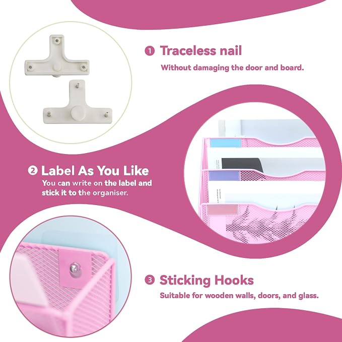8 Pockets Mesh Wall File Holder Organizer Office Hanging File Folder Magazine Rack, Nametag Label Hooks Set Included (Pink)