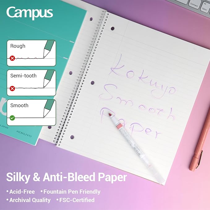 KOKUYO Spiral Notebooks, 3 Pack Wide Ruled 10-1/2" x 8" Lined Notebooks | Campus Subject Notebooks, 80 Sheets, 3 Holes School Japanese Ring Journal for Work Study Note Taking, Purple Orange Turquoise