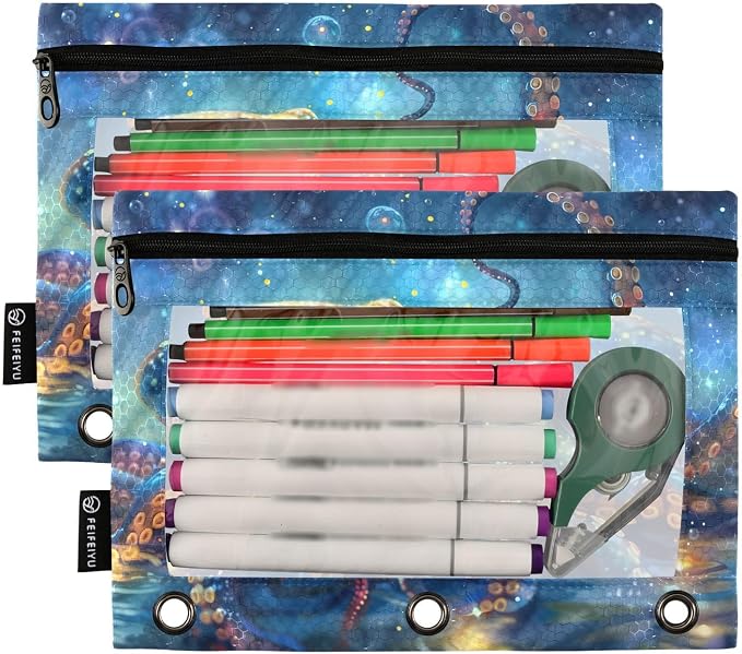 ALAZA Octopus Blue Pencil Pouch for 3 Ring Binder 2 Pack Zipper Binder Pencil Bag Case with Clear Window Office Supplies