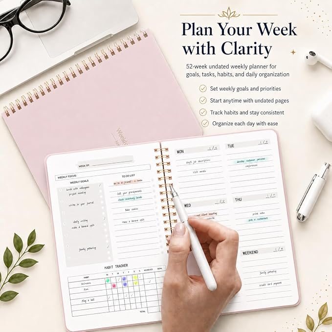TREES Undated Weekly Planner, Weekly To-Do List, Goal and Habit Tracker | 5.8" x 8" Spiral-Bound Organizer for Weekly Goals, Tasks and Habits, Designed for Work, School and Everyday Planning