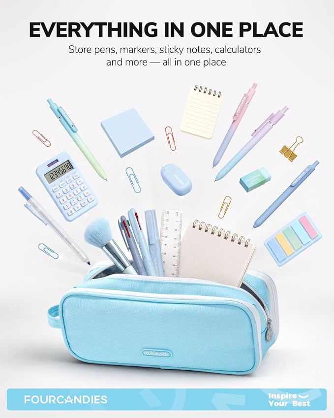 Four Candies Large Pencil Case, 3 Compartment Organizer Pouch | Large Pen Bag for Stationery & Office Multi-Purpose Organizer Makeup Bag Travel Bag with Handle (Blue)
