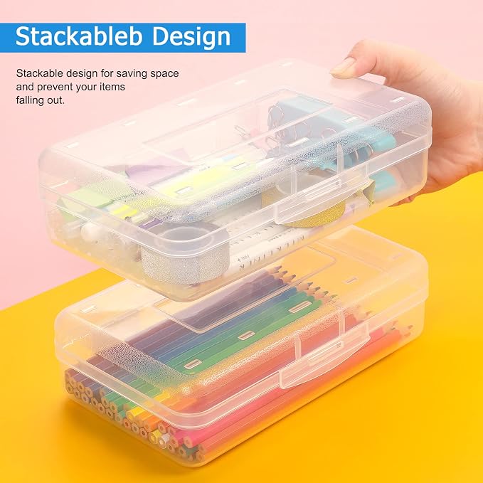 Tamaki 1 Pack Plastic Pencil Box Large Capacity, Clear | Clear Boxes with Snap-tight Lid Stackable Design and Stylish Office Supplies Storage Organizer
