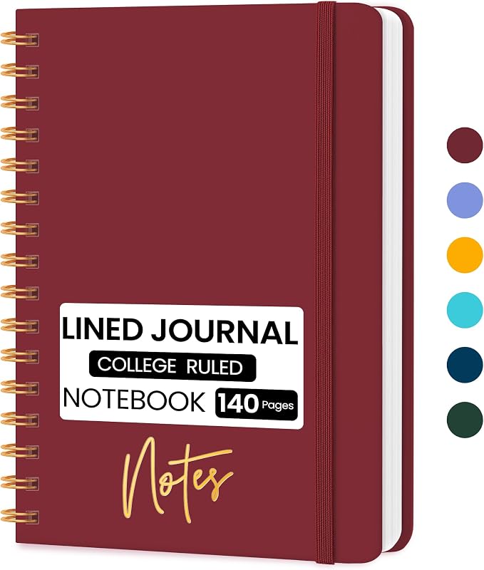 CICPAP Lined Spiral Journal Notebook, A5 College Ruled Notebook for Journaling, Note-Taking, and Daily Planning, Durable Hardcover with an Elegant Design, Burgundy