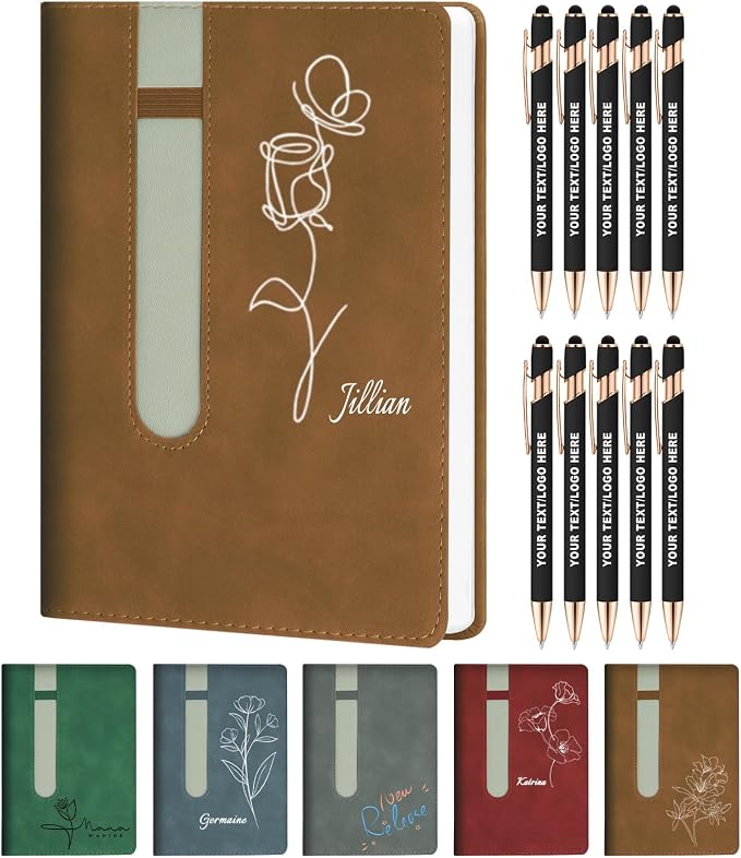 ENOMY A5 Personalized Notebook Set with 10 PC Pens Custom Journal with Pen Holder 200 Pages 80 GSM Custom Notebook for Writing Men Women, Coffee
