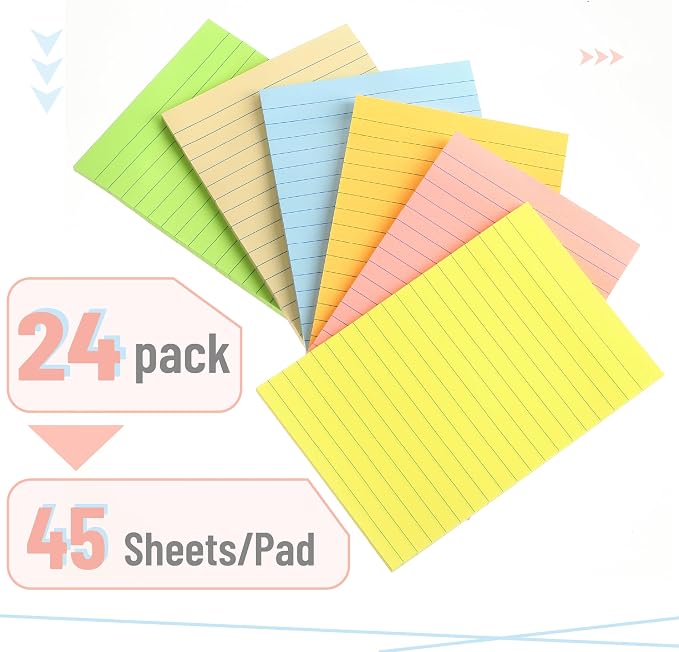 Mr. Pen- Lined Sticky Notes, 4" x 6", 24 Pads, 45 Sheets/Pad | Bulk Sticky Notes with Lines, Ruled Stickies, Memo Pads, Self-Stick Note Pad for Office, School, Home, Study & Organization