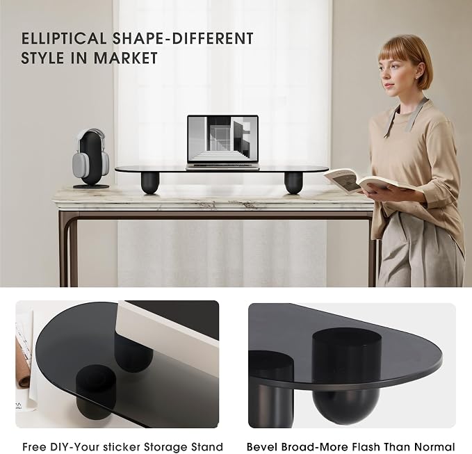 Fenge Computer Monitor Stand with Solid Beech Wood Legs, 34 Inch | Black Tinted Tempered Glass Panel, 5-Min Tool-Free Assembly, Oval Monitor Riser for Art Spaces, Studios, Home Office
