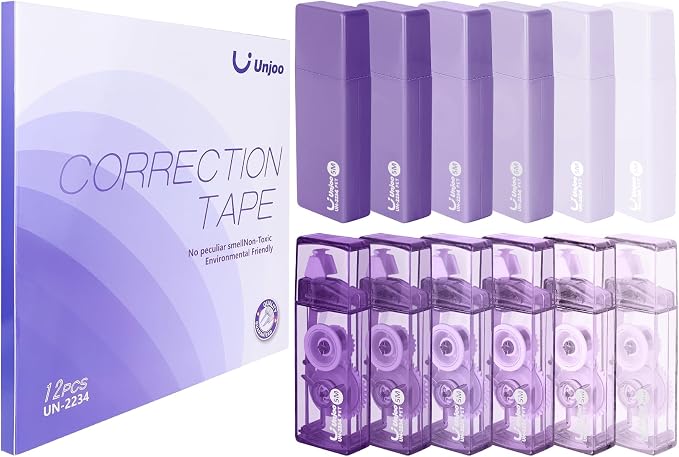 Unjoo Mini White Correction Tape Set (12pack, 5M/196" x 0.2", Purple) | Aesthetic Cute Correction Tape, Easy To Use, For school, Office Workers
