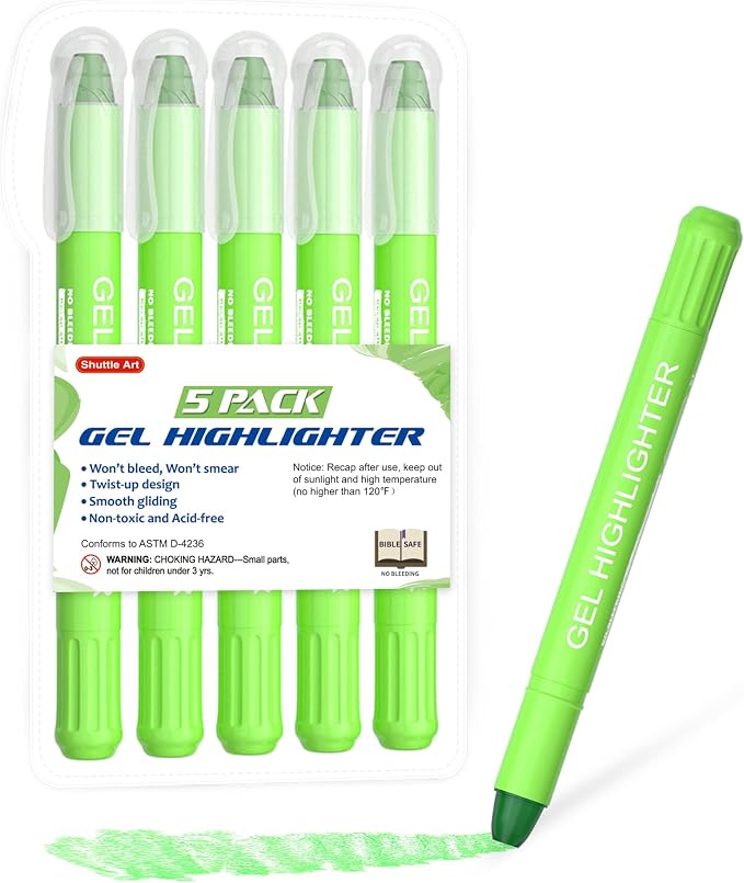 Shuttle Art 5 Pack Green Gel Highlighters,Bible Highlighters,No Bleed Through, Bible Journaling Supplies,Great for Journaling, Highlighting and Studying