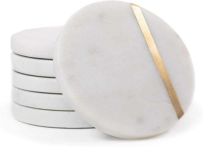 Cork & Mill Marble Coasters with Gold Brass Inlay, White, Set of 6 | Real Natural Semi Absorbent Stone, Modern Luxury Decor for Coffee Table, Office Desk or Bar Cart