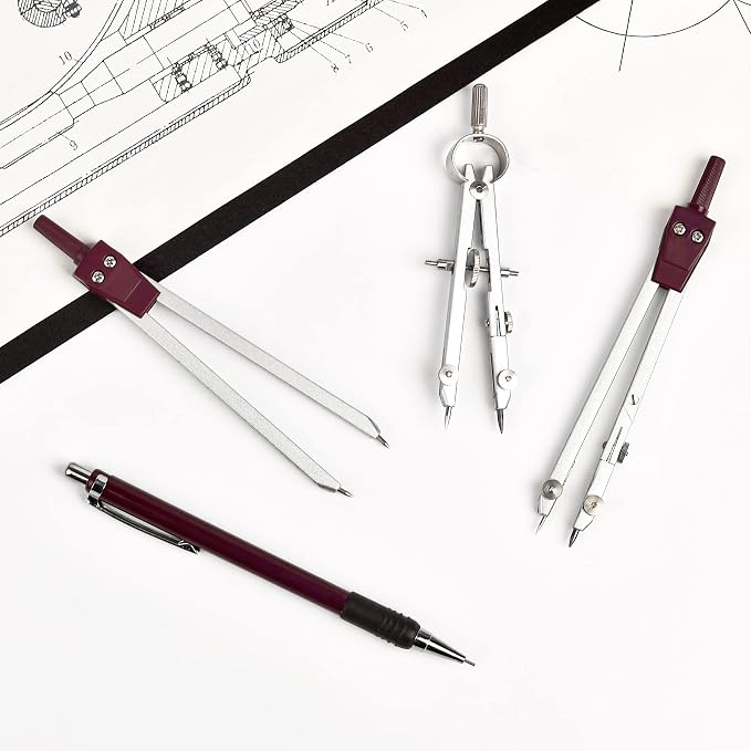 Unjoo 9Pcs Precision Geometry Set Metal Compass,Geometry Tool Set (Brown) | Shatterproof Storage Box, Circle Drafting Tool and Architecture, Drafting Kits for Engineers Students
