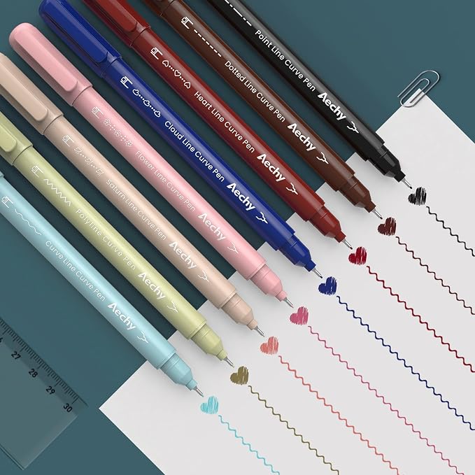 AECHY Dual Tip Curve Highlighter Pens,8 Colors Pattern Roller Fine Tip Pens | Creative Journaling Pens with Unique Curve Designs,Colored Markers for Note Taking,Drawing,Scrapbooking,School Supplies,Gifts