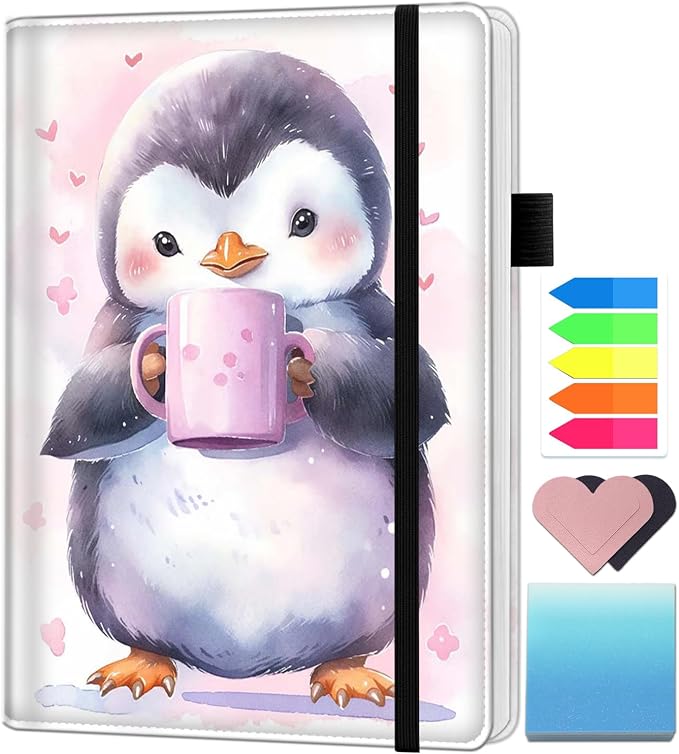 A5 Leather Lined Journal Notebook, 200 Pages Hardcover Executive Notebook for Office School Note Taking, Thick Writing Paper Daily Journal with Bookmarks/Indexes, Watercolor Penguin Coffee