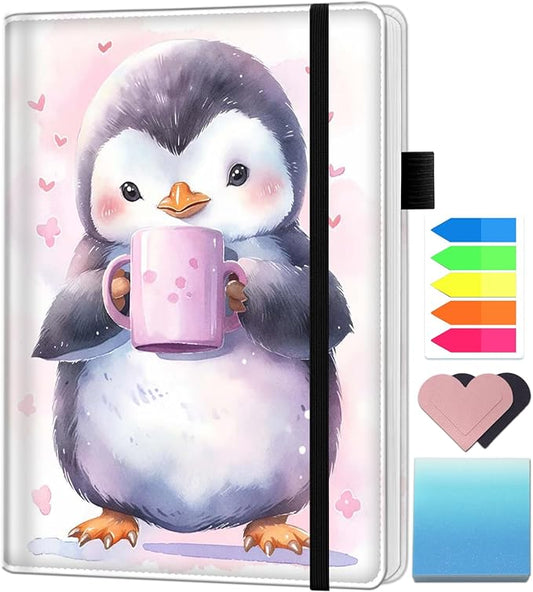 A5 Leather Lined Journal Notebook, 200 Pages Hardcover Executive Notebook for Office School Note Taking, Thick Writing Paper Daily Journal with Bookmarks/Indexes, Watercolor Penguin Coffee