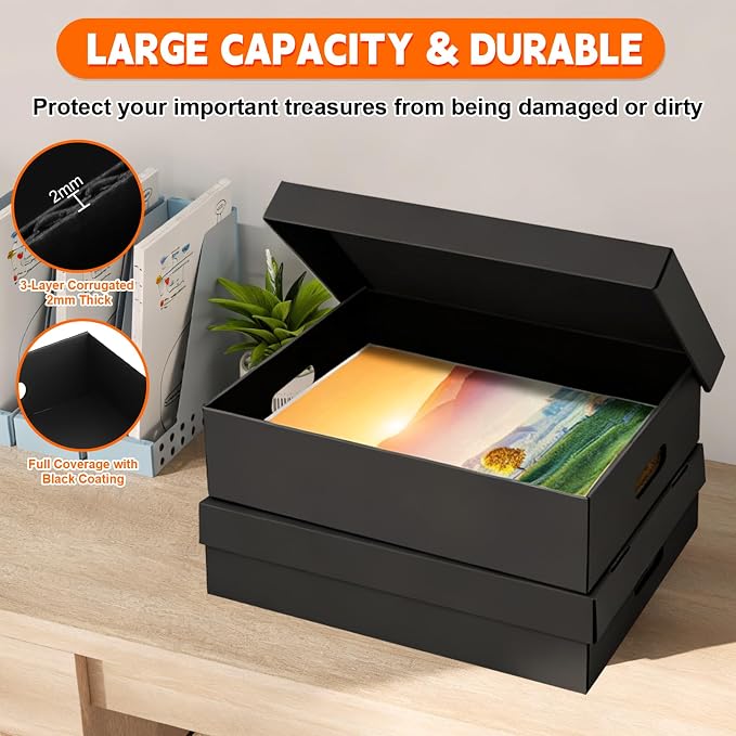 AOBOPLE 2 Pack Photo Storage Box,16" x 12" x 4" Keepsake Box with Handle Holes,Protective Storage Box for Photos Pictures Documents Artwork DIY and Souvenir,Home and Office Organizer