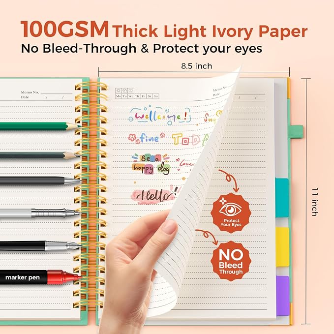 XYark A4 Hardcover Spiral Notebook, 8.5"x11" College Ruled Notebooks with Removable Dividers Tabs & Ruler, 5 Subject Notebook 300 Pages, Large Lined Journal for Women Men School Work Office, Blue